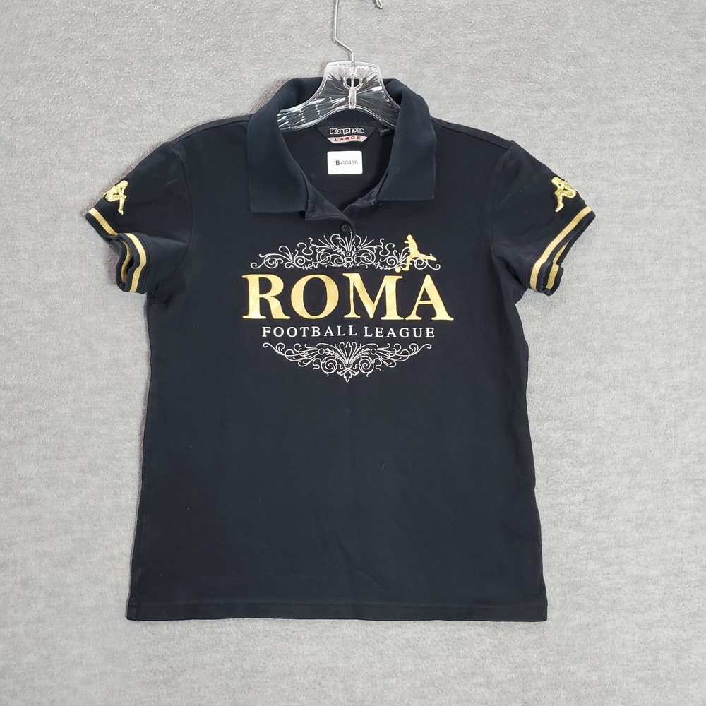Kappa Girls Polo Shirt Large Black Roma Football‎ League Logo Graphic Print